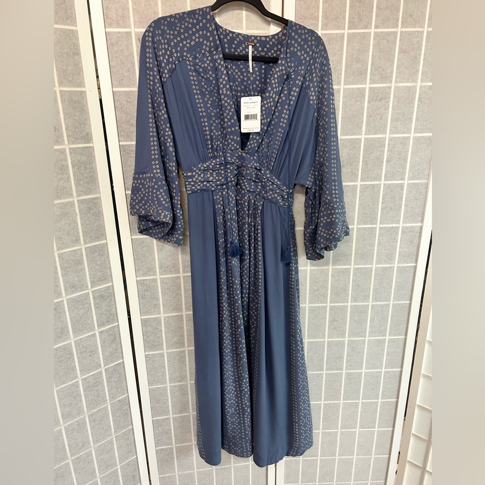 Free People Modern Kimono Denim Combo Lt Blue Lace Up Maxi Dress